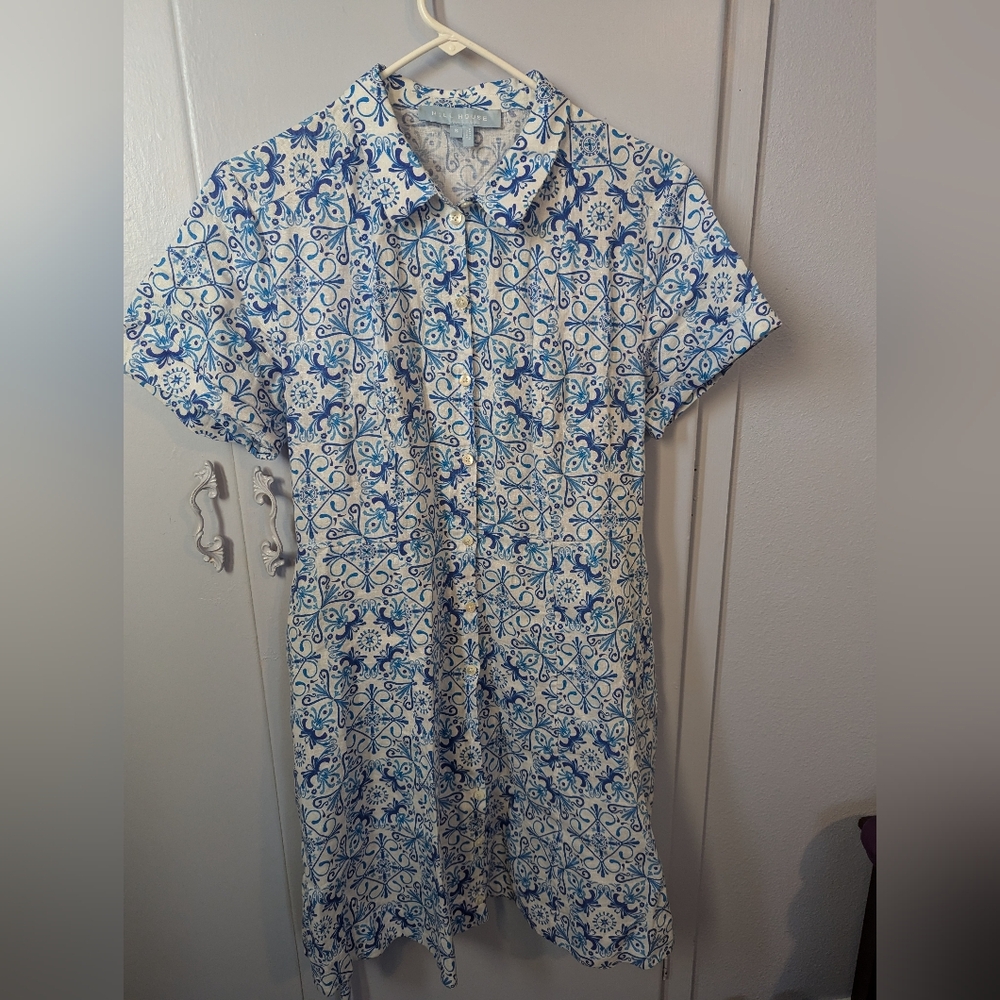 Hill House Laura dress Blue Mosaic Linen small - Picture 2 of 5